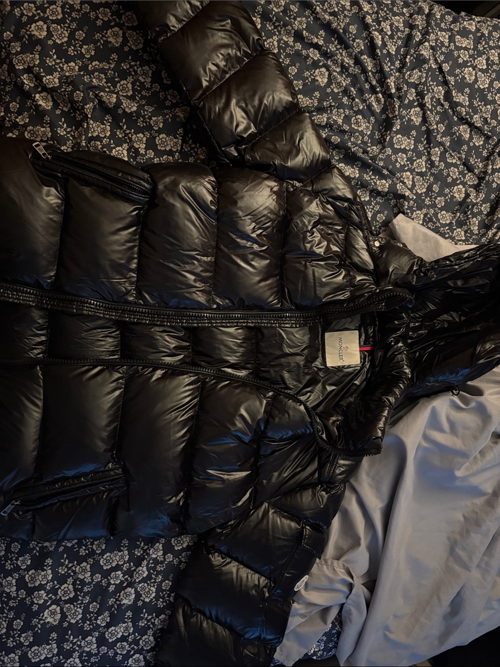 Moncle Black Shiny Puffer Coat with Hood